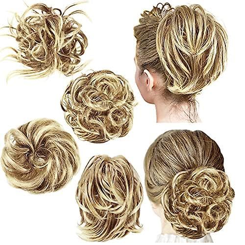 4 stk. rodet hårknold lige hårstykke rodet opsætning til kvinder hår extensions kort hestehale elastiske scrunchies krøllet hårtilbehør (honningblond Medium Brown-6- Basic Style
