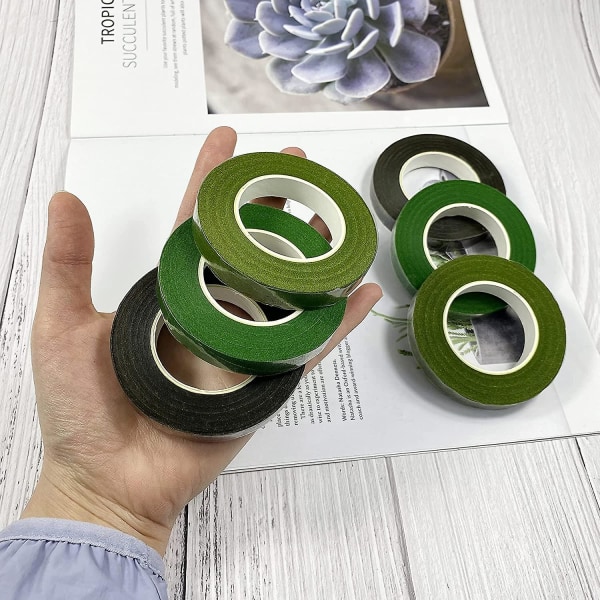 6 Ruller 1/2\" Bredt Blomstertape Til Buketstilk Indpakning Og Blomsterhåndværk, Bryllupsbuket, Mørkegrøn, Græsgrøn, Mørkebrun