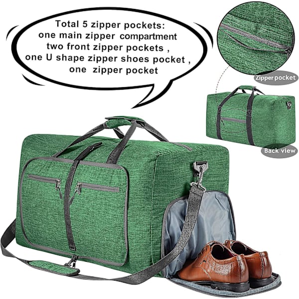 Reise-Dufflebag for menn, 65l sammenleggbar reise-duffelbag med sko-rom nattpose for menn kvinner vanntett og rivebestandig Deep Green