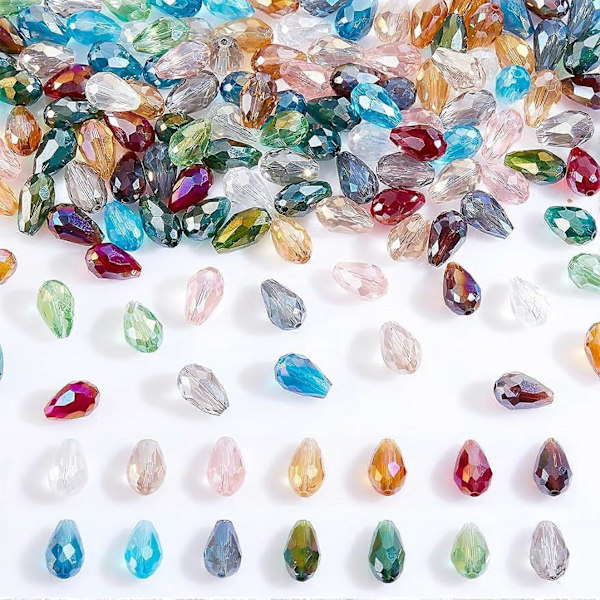 140 stk Fasetterte Dråpeformede Glassperler 14 Farger Klare Vanndråpe Krystallglassperler Sentrumboret Dråpe Spacer Perler