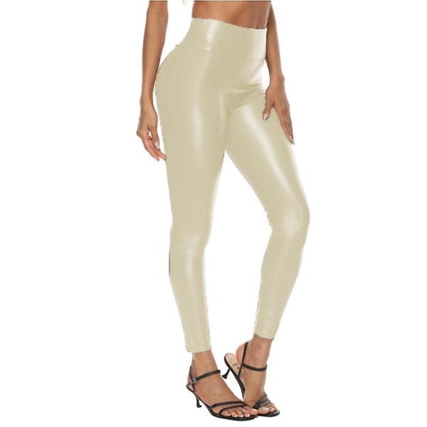 Stretchy leggingsbukser for kvinner, sexy høy midje imitert skinnbukser Beige XL