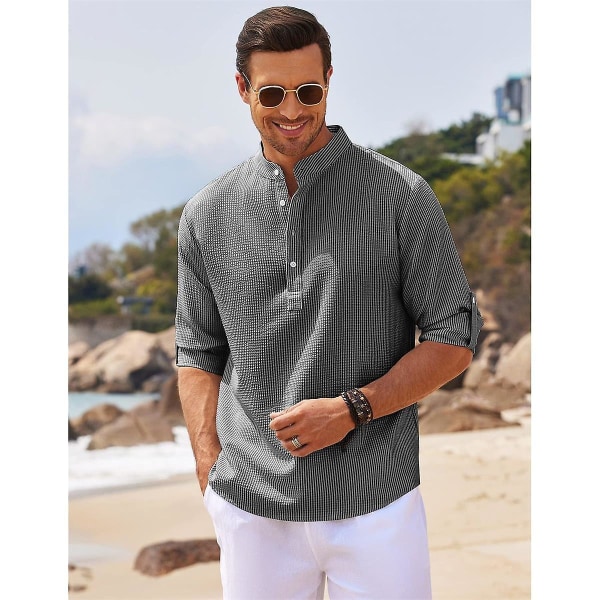 Herr Casual Button Down Skjortor, Långärmad Stående Krage Business Skjorta Khaki M