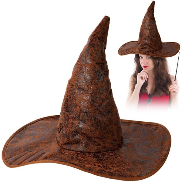 Hatt för häxa, stor Halloween-häxhatt för vuxna, bredbrättad spetshatt, fyndklänning, kostymfest, maskerad, cosplay, accessoarer, huvuddekoration brun