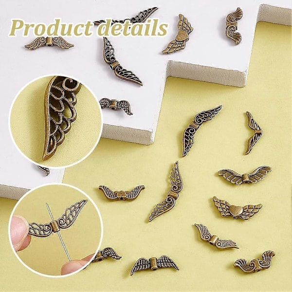 200 st 10 Stilar Änglavingar Berlocker 1-1,5 mm Hål Legering Ving Lösa Distans Berlocker Pärlor Antik Brons Fevingar Pärlor Tibetansk Pärla Distanser för Smycken M