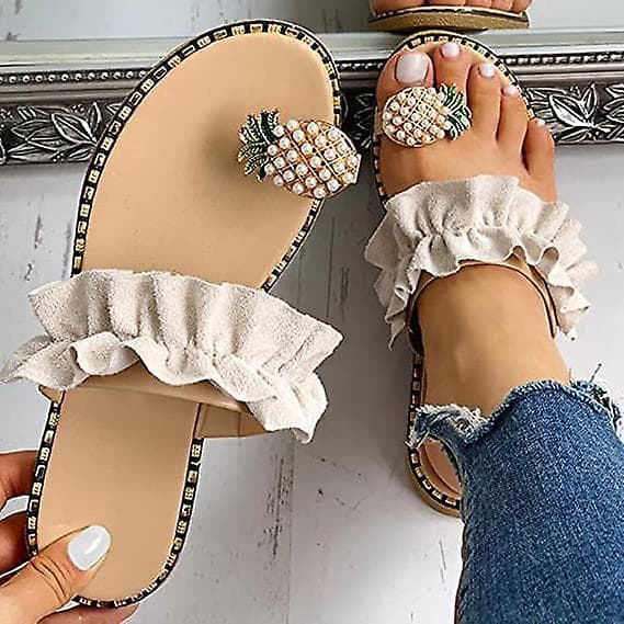 Sandaler for kvinner, flate, avslappede slippers med ringtå, strandsko Beige 37