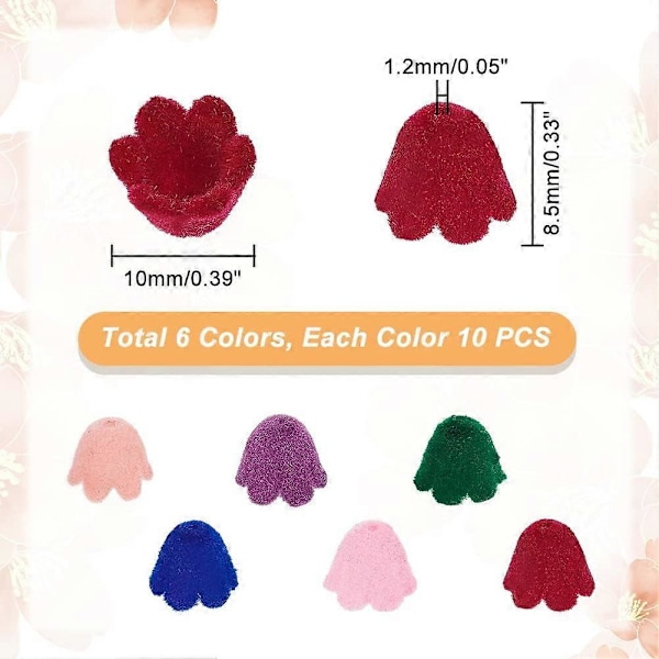 60 stk. Flocky Akrylperler 6 Farger Blomsterperlehetter Filigran Perlestoppere Flocky Blomsterperler