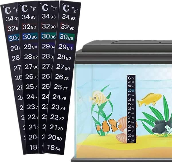 Termometerstrimmel, 5 stk. akvarietermometer, 2 temperaturaflæsninger, 3 farvemarkeringer