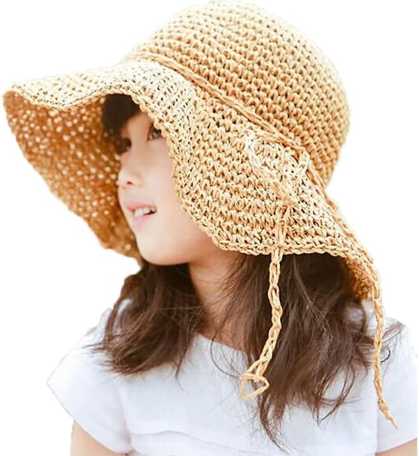 Flickbar vikbar packbar bredbrättad sommar solhatt strandhalmhatt för småbarn barn beige