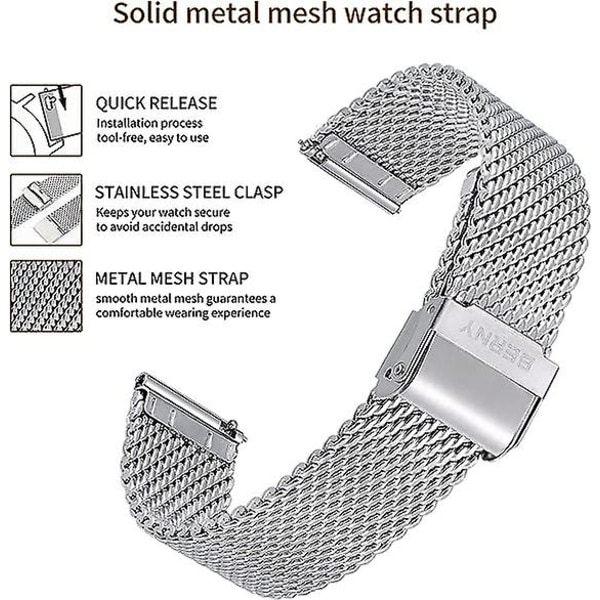 Snabbkopplingsbart mesh-klockarmband i rostfritt stål, milanesisk mesh-rem för utbyte, enkelt att justera storlek på klockspännet (välj lämplig bredd)