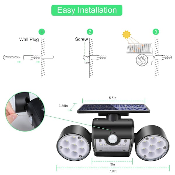 Utomhus solcellslampa, utomhus solcells vägglampa, med 30 vattentäta dubbla LED-strålkastare, 360 graders rotation, sensor