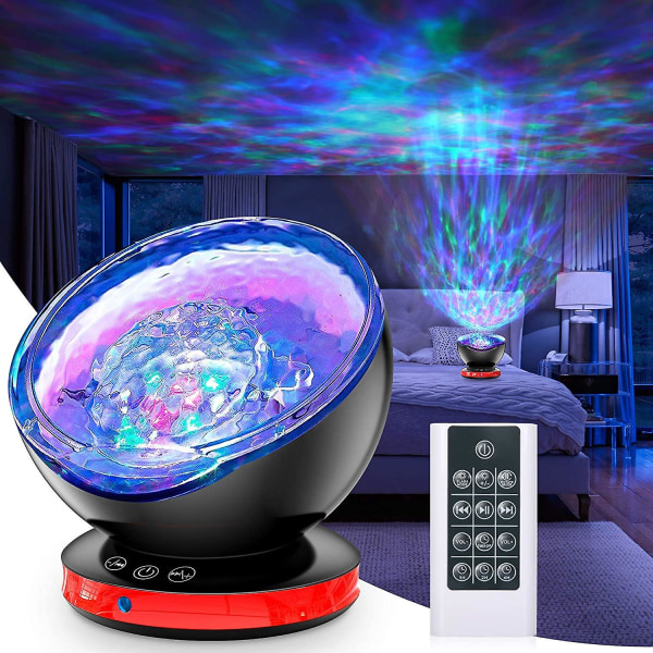 LED Projektorlampe, Ocean Waves Projektor med Fjernbetjening, Timer, 8 Farvetilstande, 6 Musiklyde, Sort