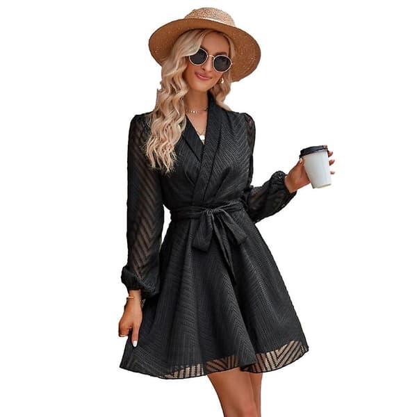 Kvinnor Wrap V-ringad klänningar Hög midja Swing Kort klänning Black S