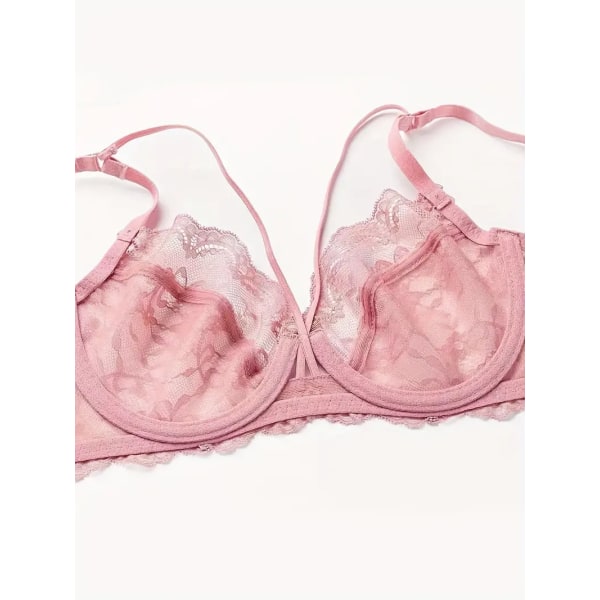 Kukkainen pitsiliivit ja pikkuhousut, hengittävät push up -vuorittomat liivit ja läpinäkyvät pikkuhousut, naisten alusvaatesetti Pink 75B