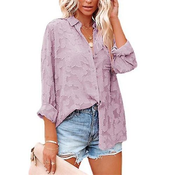 Chiffonbluse for kvinner, ensfarget, langermet med knapper Purple M