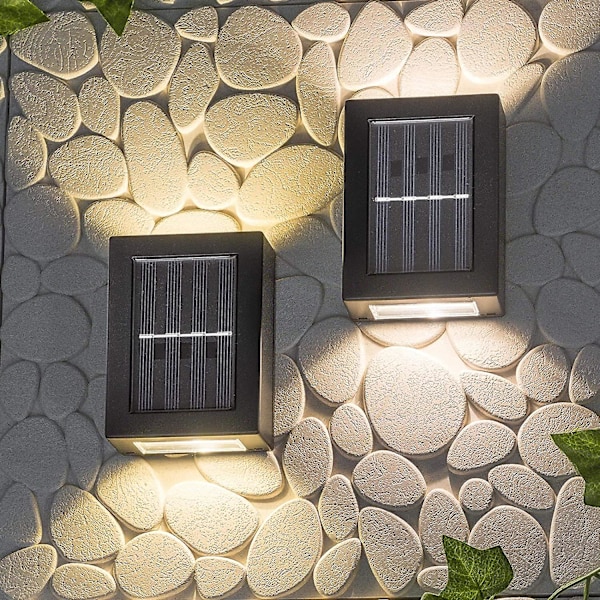 2 Pak Solar Op Og Ned Væglamper Energibesparende Vandtæt Støvtæt, Varm Hvide Led Lys 8,6x7,5x12cm (Varm Hvid)