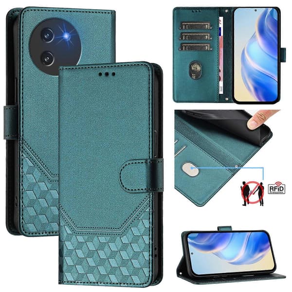 Honeycomb Prægning RFID Læder Telefon Cover Til Doogee Note 59 / Note 59 Pro Peacock Green