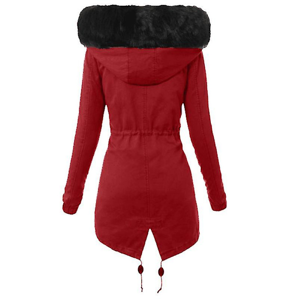 Fleeceforet hettejakke med snøring i midjen, høst vinter bomullsjakke, hette, slank, varm glidelås 2XL Red