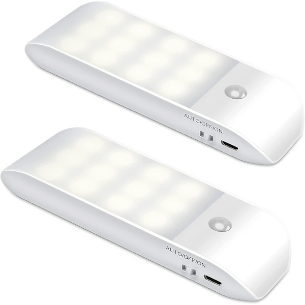 LED Nattlys Oppladbart Nattlys, Bevegelsessensor Nattlys med Selvklebende Magnetstriper [2-pakning]. 3 Moduser (auto/på/av) Nattlys for Seng