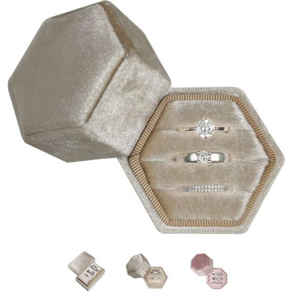 Ring Box 3 Fack, Liten Sammet Ring Box Hexagon Smycken, Guld Geometrisk Örhänge Box Förvaring, Handgjord Ring Case Display, Hållare Smyckeskrin Presenter För