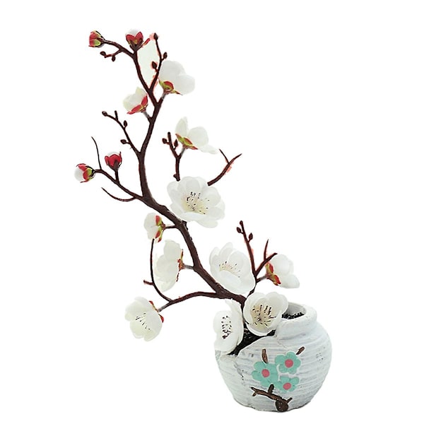 Simulerade blommor, gröna växter, krukväxter, simulerade plommonblomkrukor, heminredning, festdekoration white