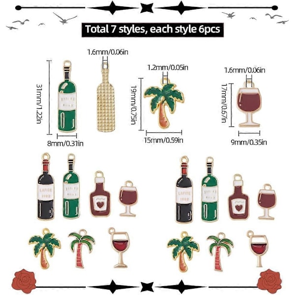 42 stk. 7 Stilarter Vinflaske Charms Bulk Palmetræ Charm Kokospalme Emalje Tropisk Hawaii-stil Palmetræer Søde Legering Emalje Rødvinsflaske Charms