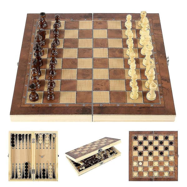 3 i 1 Trä Internationellt Schackset Backgammon Brädspel Damspel Pusselspel Fällbart Schackbräde 44x44cm