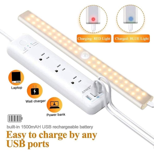 40 LED-lampor för garderob, rörelsesensor, USB-laddningsbar, 4 lägen, 30 cm varmt ljus