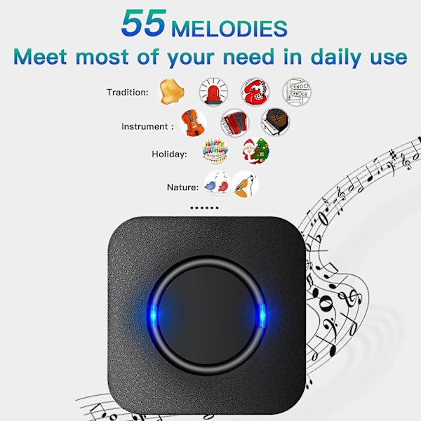 Trådløse dørklokker, 55 melodier, 5-niveau lydstyrke og, ip55 vandtæt, med 300 meter, LED-blink, plug-in-sort