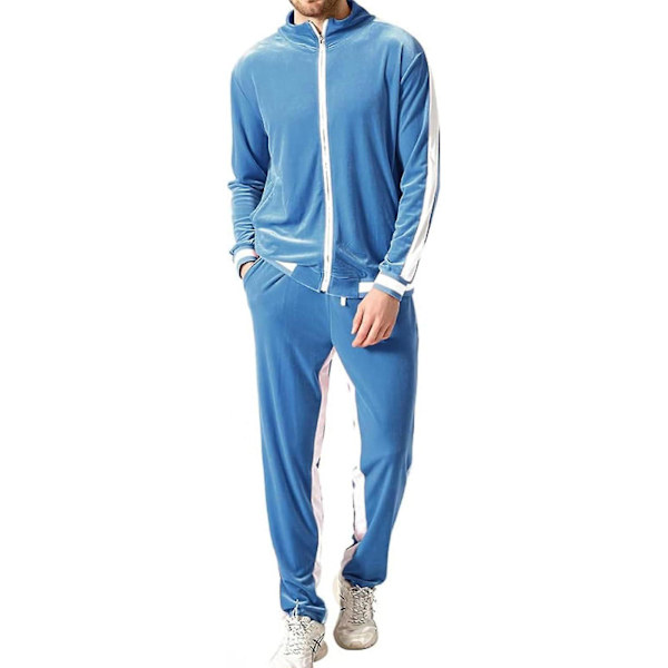 Mjukisdress i sammet för män, avslappnad jacka och byxor Blue S