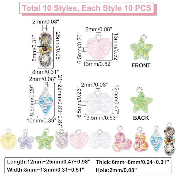 100 stk. Blomster Charms Hjerte Stjerne Vedhæng Sommerfugl Charms 10 Stilarter Farverige Epoxy Resin Charms Søde Charms Sequin Vedhæng Chunk Charms til DIY Nøglering