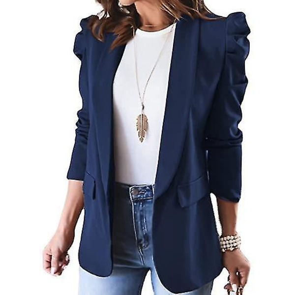 Klassiska damkavajer med lång ärm och 2 fickor, slimmad kappa för kvinnor, formellt vardagskläder XL Navy Blue
