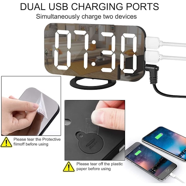 Digital väckarklocka, 6,5\" stor skärm LED spegel väckarklocka med dimningsläge, 2 USB-laddningsportar - svart