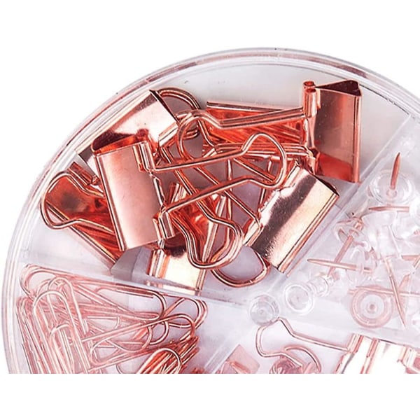 1 set med roséguldfärgade pappersklämmor, bindeklämmor, tryckstift med låda, skrivbordskombination, kontorsmaterialset för T