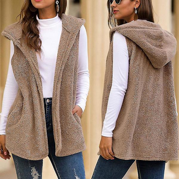 Kvinnor Plysch Hooded Väst Casual Vinter Höst Varm Ytterkläder Solid Coat Ny L A