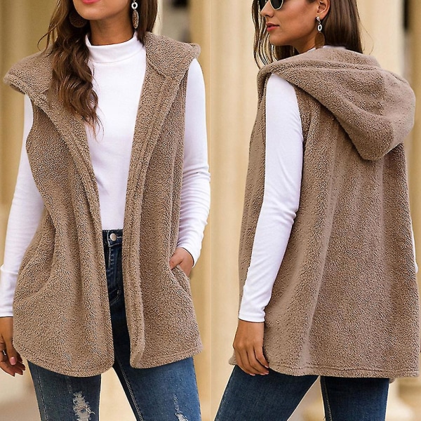 Kvinnor Plysch Hooded Väst Casual Vinter Höst Varm Ytterkläder Solid Coat Ny M C