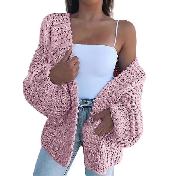 Enfärgad stickad bekväm tröja kofta casual varm modekappa för kvinnor M Pink