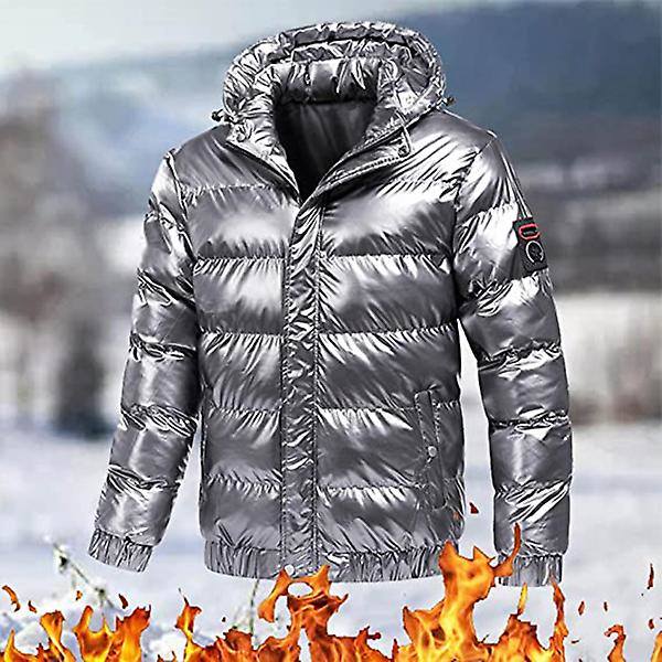 Herr glänsande dunjacka avtagbar huva vinter tjock värme pufferjacka Silver 2XL