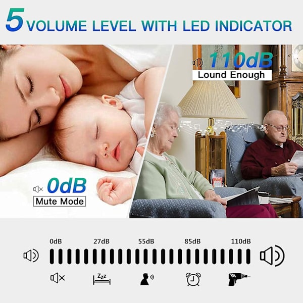 Langattomat ovikellot, 55 melodiaa, 5 äänenvoimakkuustasoa ja IP55-vedenpitävyys, 300 metrin kantama, LED-salama, pistoke, musta