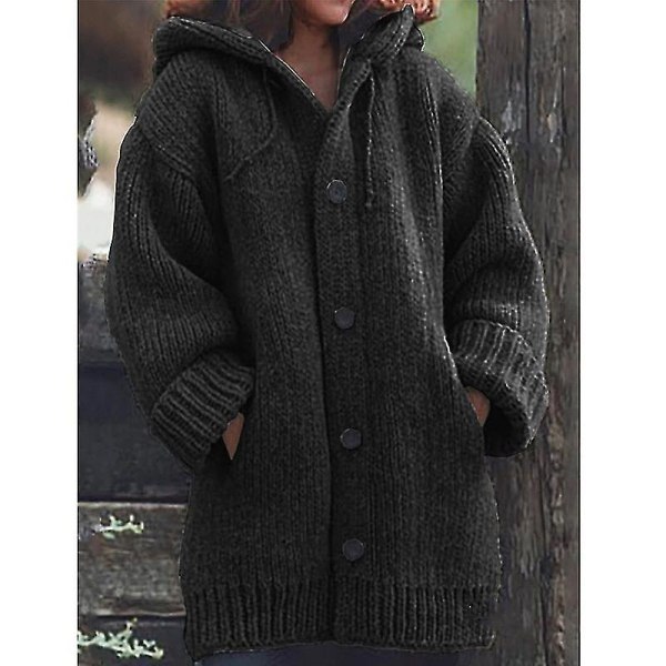 Hettegenser strikket genser dame høst vinter mellomlang ensfarget knappegenser 5XL Gray