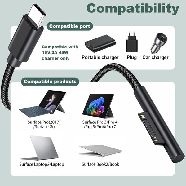 2m USB-C ladekabel, USB-C ladekabel for Surface Pro 3/4/5/6/7, kompatibel med Laptop/Book 1/2 GB 3