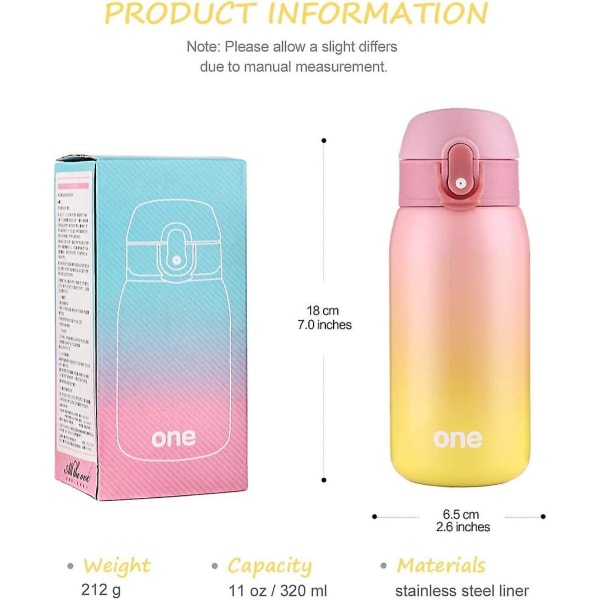 Vannflaske for barn med flip-topp, søt vannflaske, 330 ml rustfri stålflaske for jenter og gutter, lekkasjesikker (rosa-gul)
