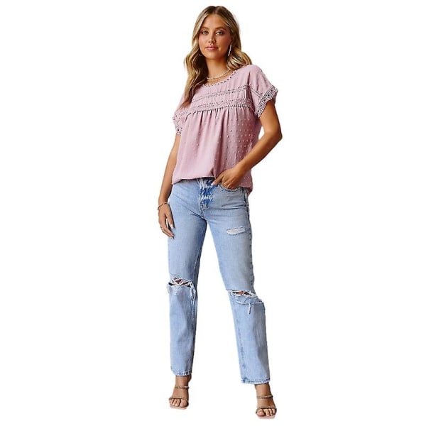 Dame Sommer Toppe Blonde Hæklet Kortærmet Skjorter Casual Bluser Pink 2XL