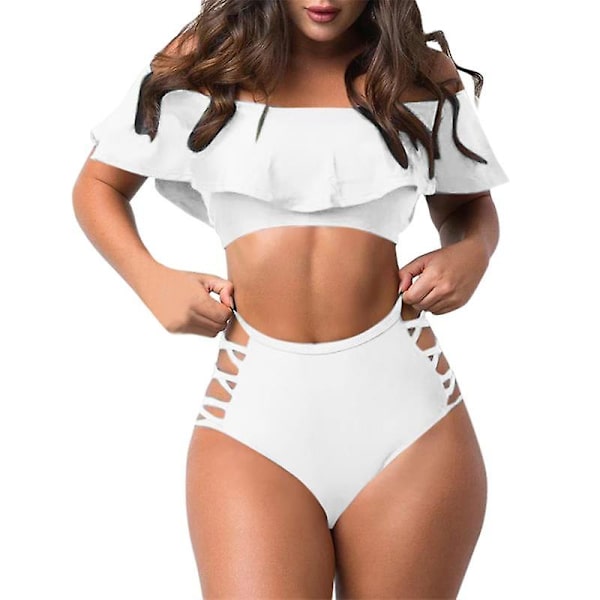 Naisten röyhelöinen olkaimeton seksikäs uimapuku kaksiosainen bikini White M