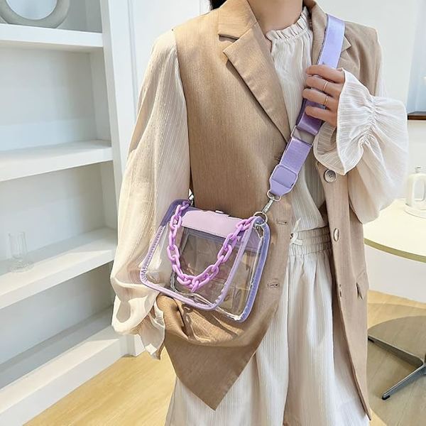 gjennomsiktig veske stadiongodkjent klar håndveske for kvinner Konsert Stadion PVC klar crossbody-veske transparent klar skulderveske med kjede lila