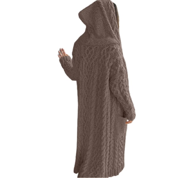 Avslappnad stickad lång ytterkläder med huva och sidoficka Dam höst vinter kappa 4XL Coffee