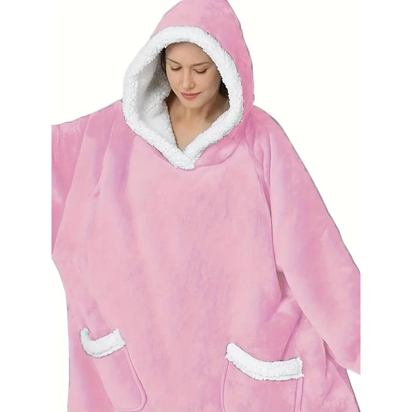 Casual loungewear-morgenkåbe i store størrelser, tyk Sherpa fleece varm ekstra lang oversized bærbar tæppe til damer med lommer (længde: 150 cm) Pink
