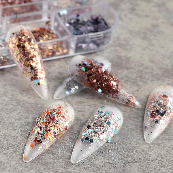 6 lådor nagelglitter och nagelpulver, nagelkonst glitter blandad glänsande för nageldekoration DIY style4