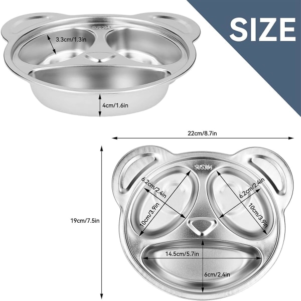 Tallrik i rostfritt stål, Pandaformad fack tallrik Måltidsbricka 3 fack för camping, barnmat