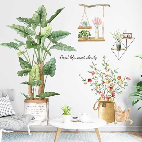Tropiska blommor väggdekaler växt dekorativt klistermärke, växtblommor palmblad 2 st 30*90 cm