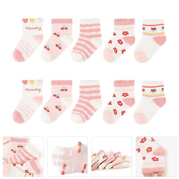 5 Par Barnestrømper Bomullsstrømper Pustende Mesh-strømper Søte Barnestrømper Pink 13X7X1.5CM
